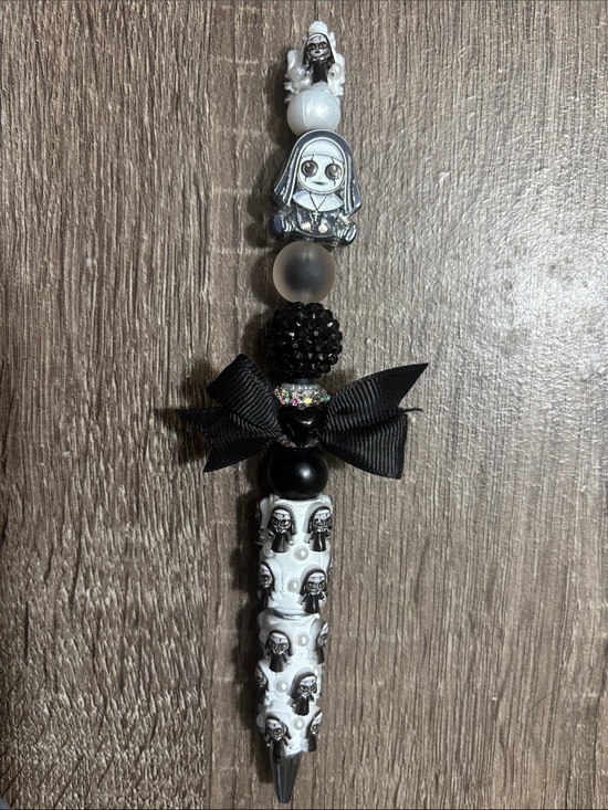 Other - Black & White Nun Charm Beaded Pen with Bow